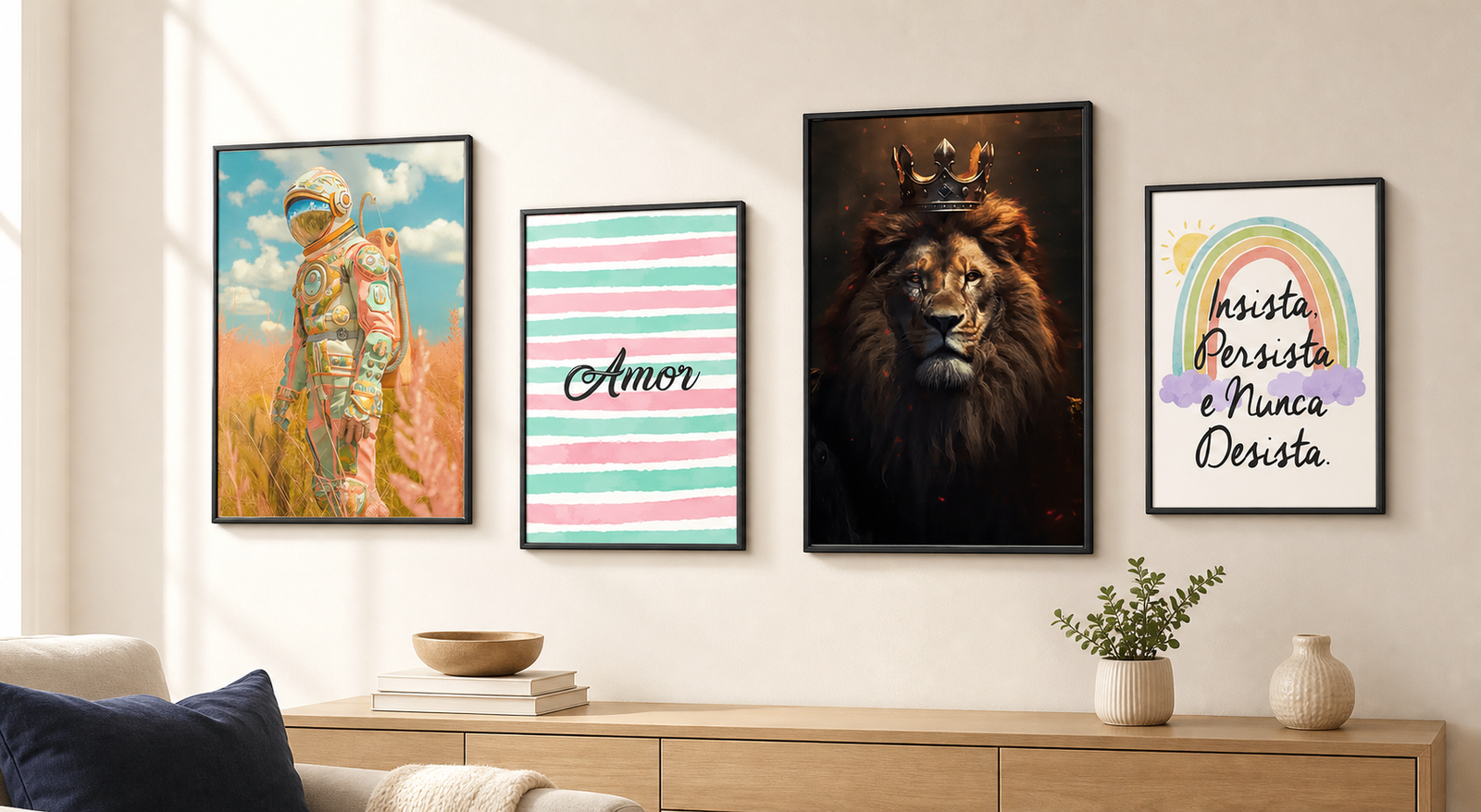 Composição realista de quatro quadros em PVC com artes disponíveis no catálogo